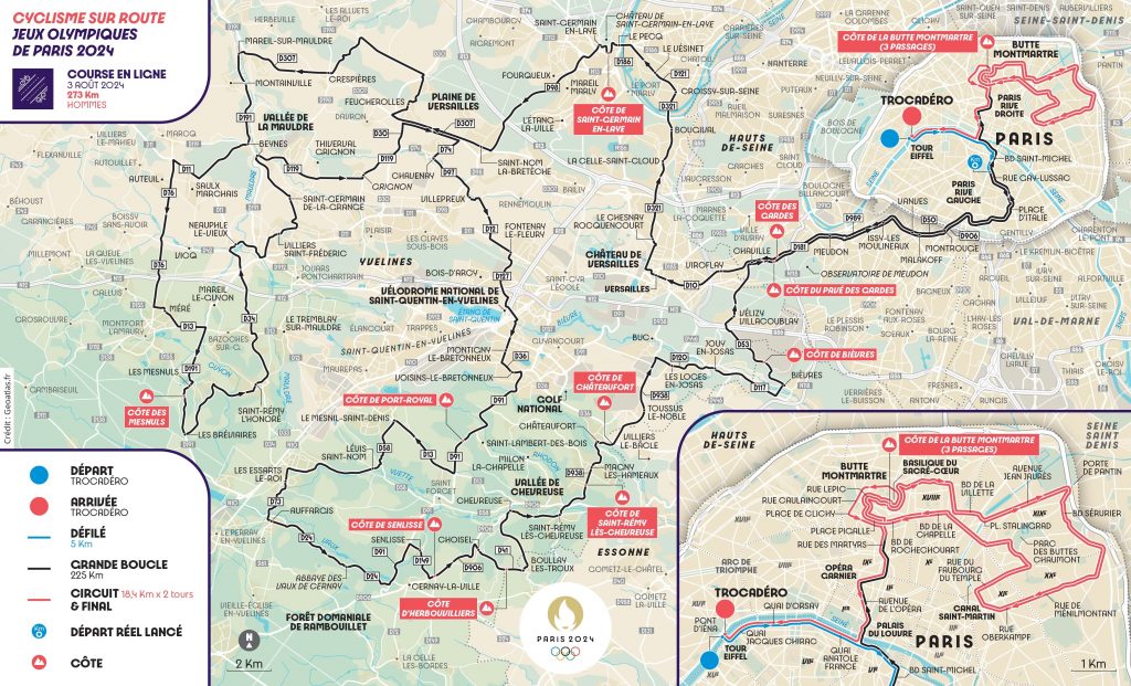 Routes empruntées par la course cycliste Homme JO 2024 le 3 AOUT 2024